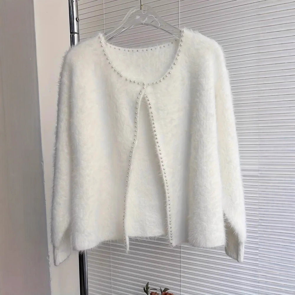 Damen Flauschiger Cardigan mit Perlknöpfen und lässigem Schnitt EB