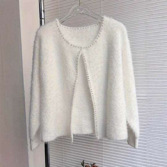 Damen Flauschiger Cardigan mit Perlknöpfen und lässigem Schnitt EB