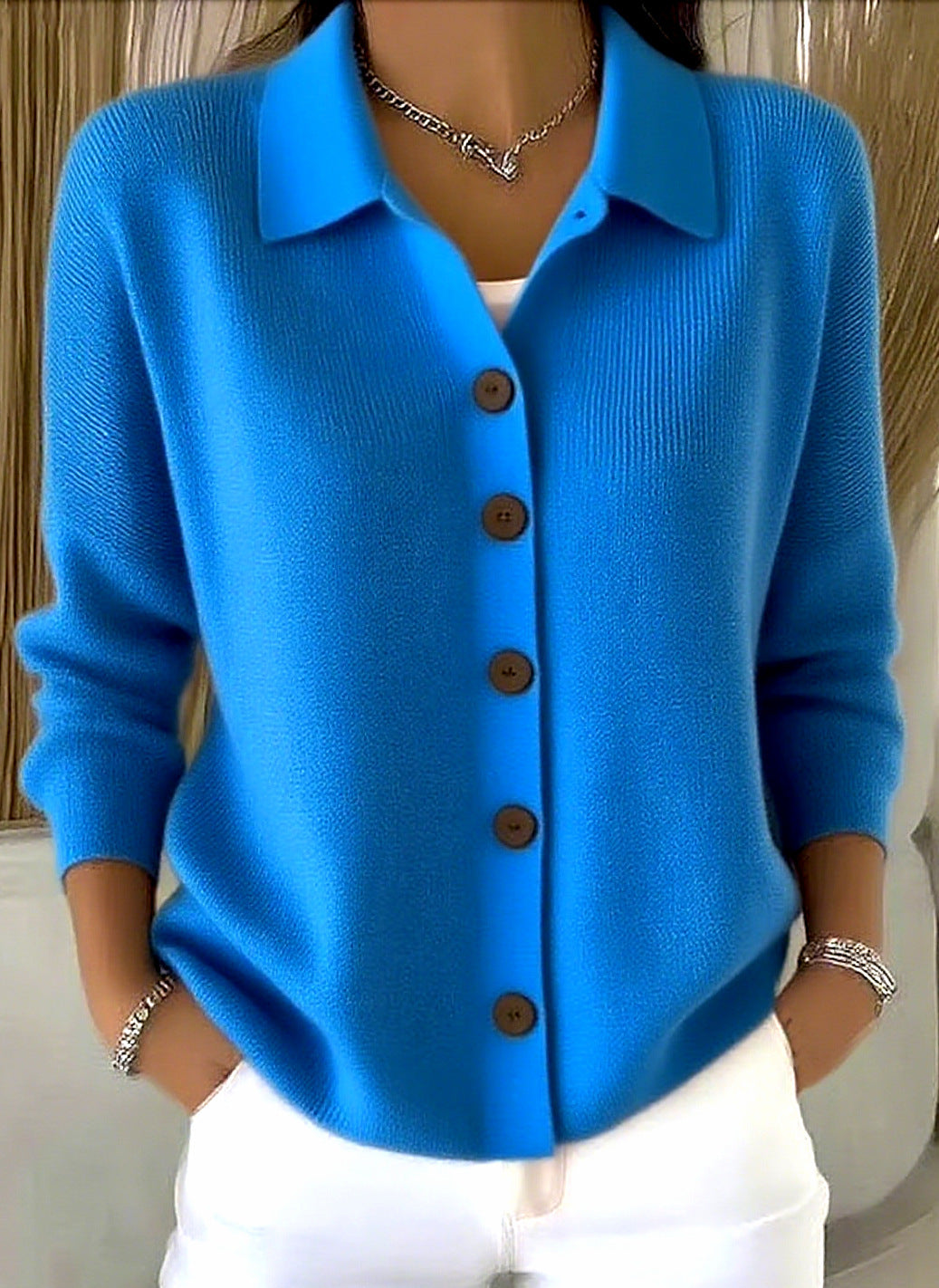 Damen nan Feinstrickjacke mit Hemdkragen und durchgehender Knopfleiste EB