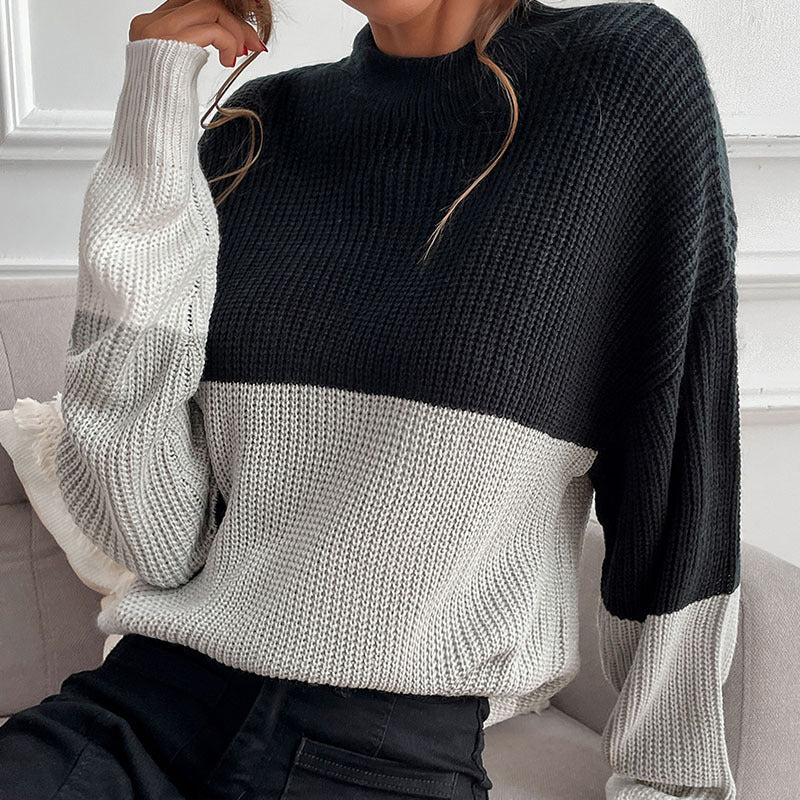Damen Grobstrick Pullover mit innovativem Farbblockdesign EB