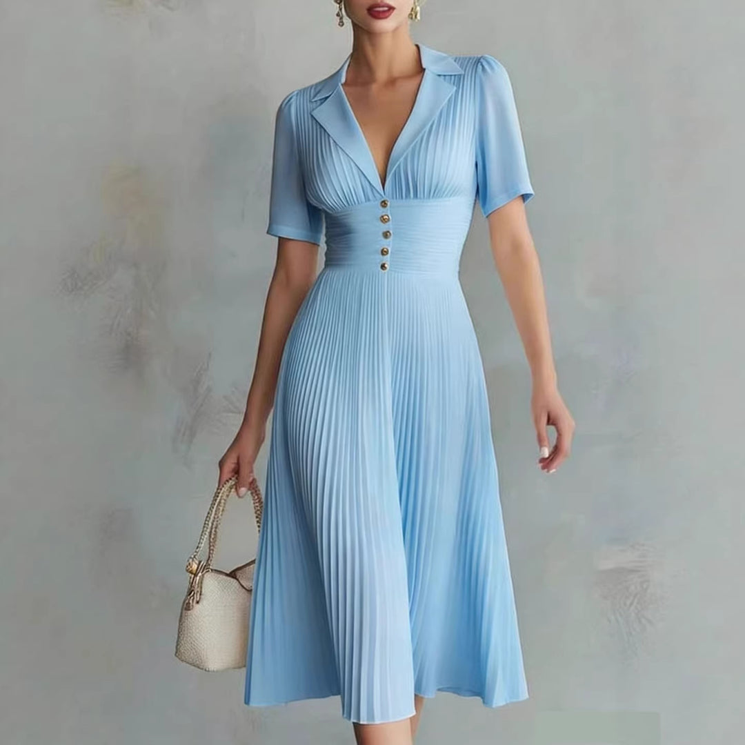 Damen Plissiertes Midikleid mit Reverskragen, tailliertem Raffung-Bund und Zierknöpfen EB