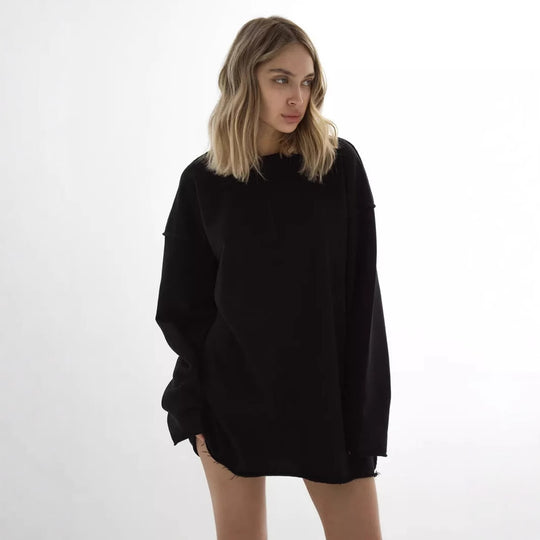 Damen oversized Sweatshirt mit ausgefranstem Saum und verlängerten Ärmeln EB