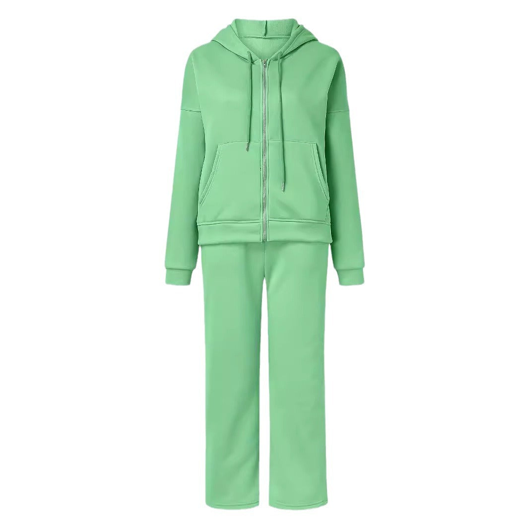 Damen bequemer und stilvoller Loungewear-Anzug mit zipbarem Hoodie und weitem Bein EB