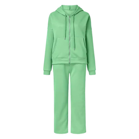 Damen bequemer und stilvoller Loungewear-Anzug mit zipbarem Hoodie und weitem Bein EB