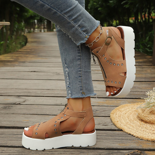 Damen Offene Plateau-Sandalen mit modischem Reißverschlussdesign und eleganten Ösen EB
