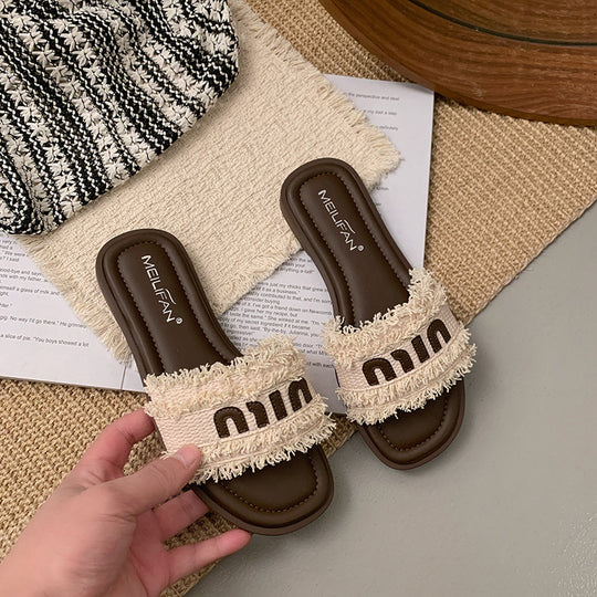 Damen bequeme Slide-Sandalen mit modischem Textiloberteil und stylischen Riemen EB