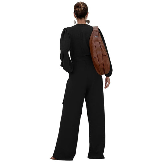Damen Eleganter Palazzo-Jumpsuit mit tiefem V‑Ausschnitt, Bindegürtel und Ballonärmeln EB