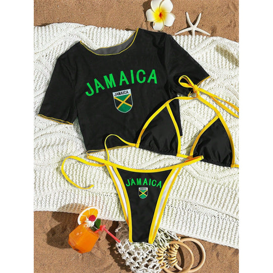 Damen Crop-Top Bikini-Set mit sportlichem Schnitt und Brasil-Print EB