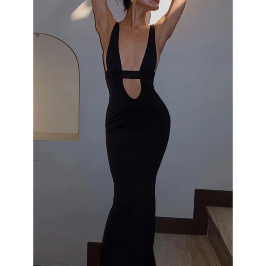 Damen Maxikleid mit tiefem V-Ausschnitt und eleganter Taillierung EB