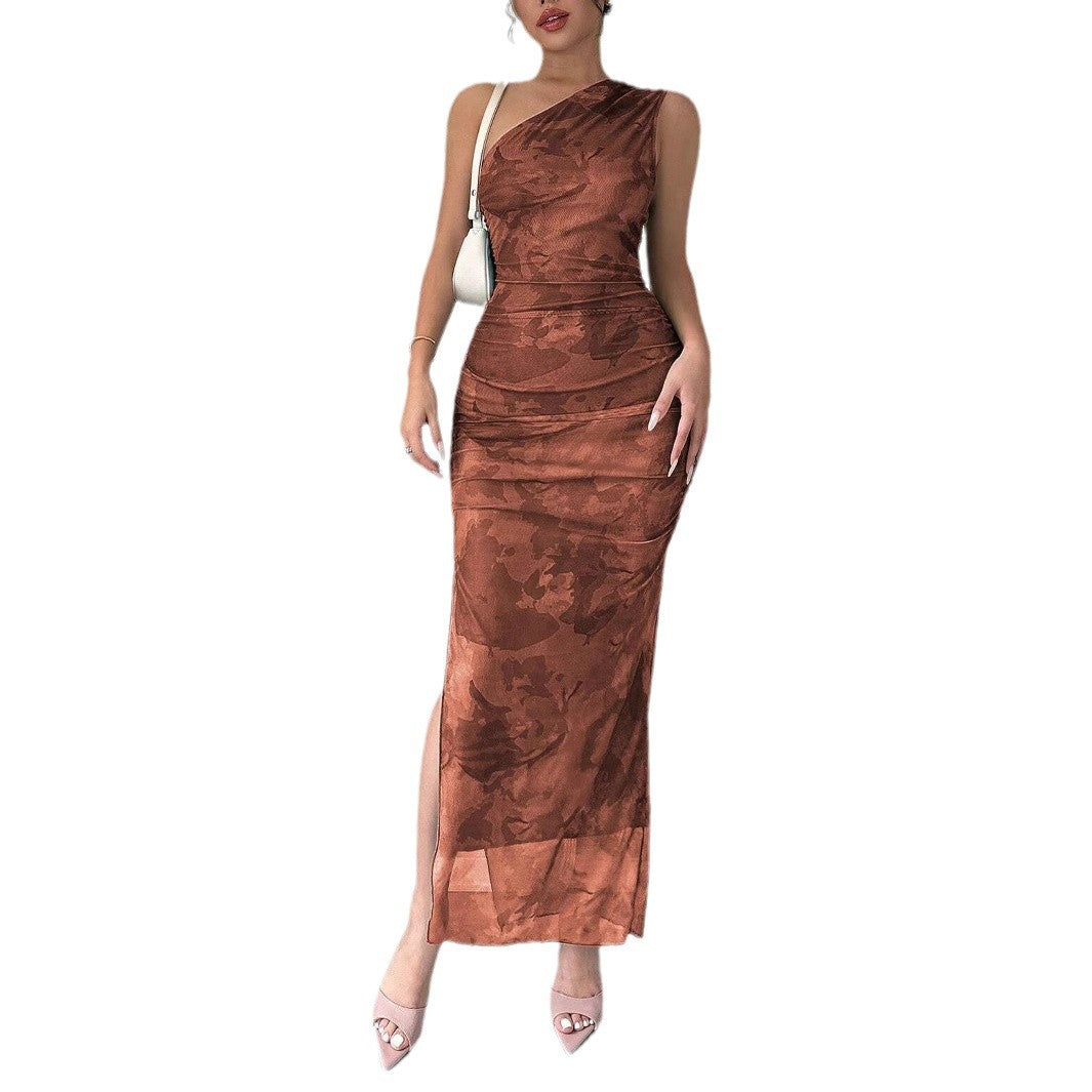 Damen Elegantes One-Shoulder Maxikleid mit sanften Raffungseffekten EB