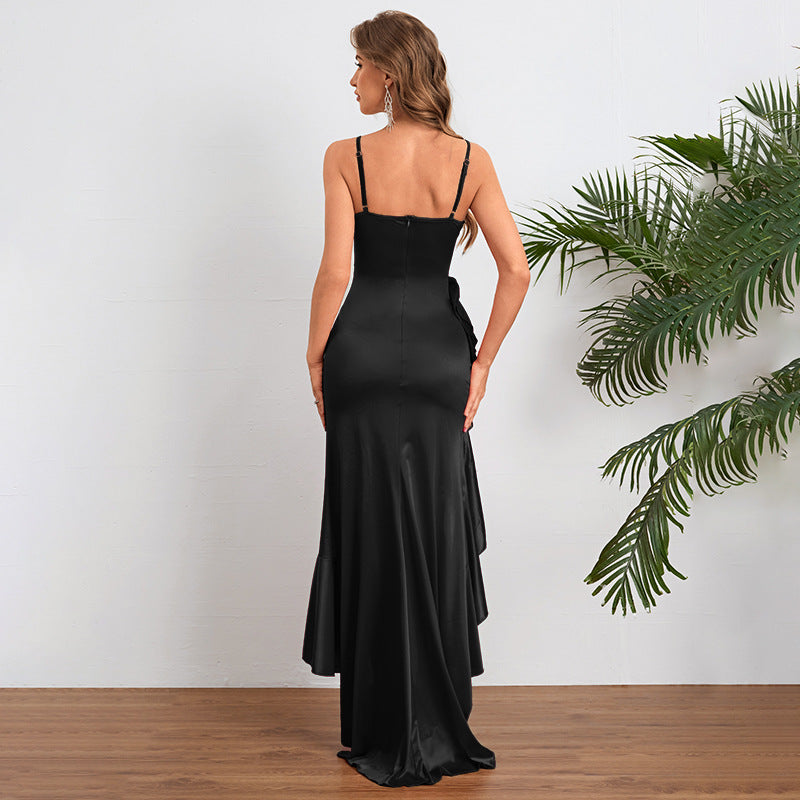 Damen elegantes Maxikleid mit seitlichem Schlitz und fließendem Rüschensaum EB
