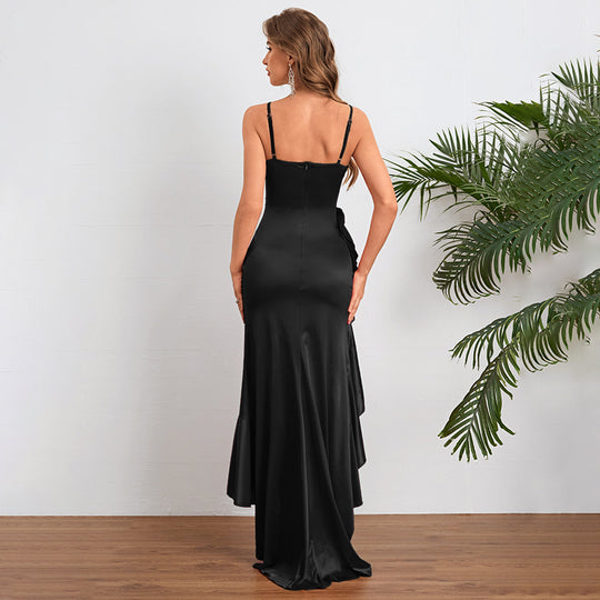 Damen elegantes Maxikleid mit seitlichem Schlitz und fließendem Rüschensaum EB