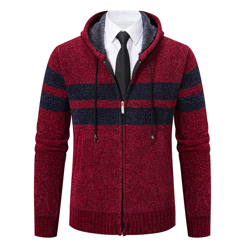 Herren nan gestrickte Kapuzenjacke mit Teddyfutter, verdecktem Reißverschluss und kontrastreifen EB