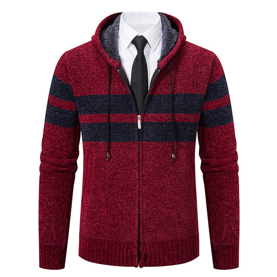 Herren nan gestrickte Kapuzenjacke mit Teddyfutter, verdecktem Reißverschluss und kontrastreifen EB