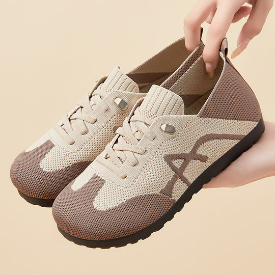 Damen nan komfortabler gestrickter Slip-On Sneaker mit elastischem Schaft, dekorativer Schnürung und flexibler rutschfester Laufsohle EB