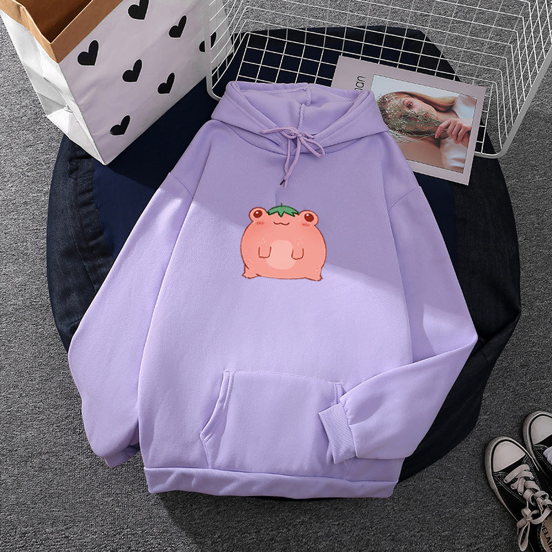 Damen nan oversized Kapuzenpullover aus Microfleece mit Cartoonfrosch-Motiv und Kängurutasche EB