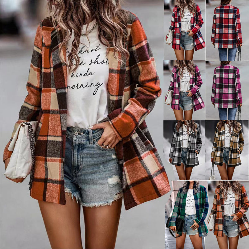 Damen trendige Wolljacke mit Karomuster EB