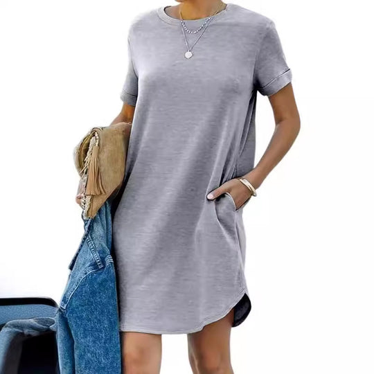 Damen lässiges Freizeitkleid mit Taschen und Rundhalsausschnitt EB