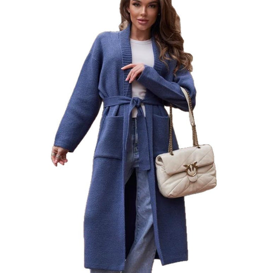 Damen Strickmantel mit Gürtel und praktischen Taschen EB