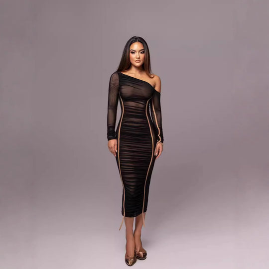 Damen Langarm-Midi-Kleid mit asymmetrischem Schnitt und romantischem Rüschendesign EB