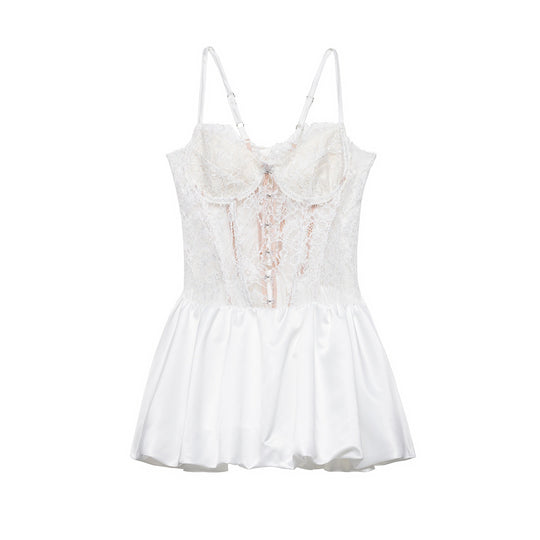 Damen Spitzen-Nachtkleid mit hochwertiger Satin-Rockpartie EB