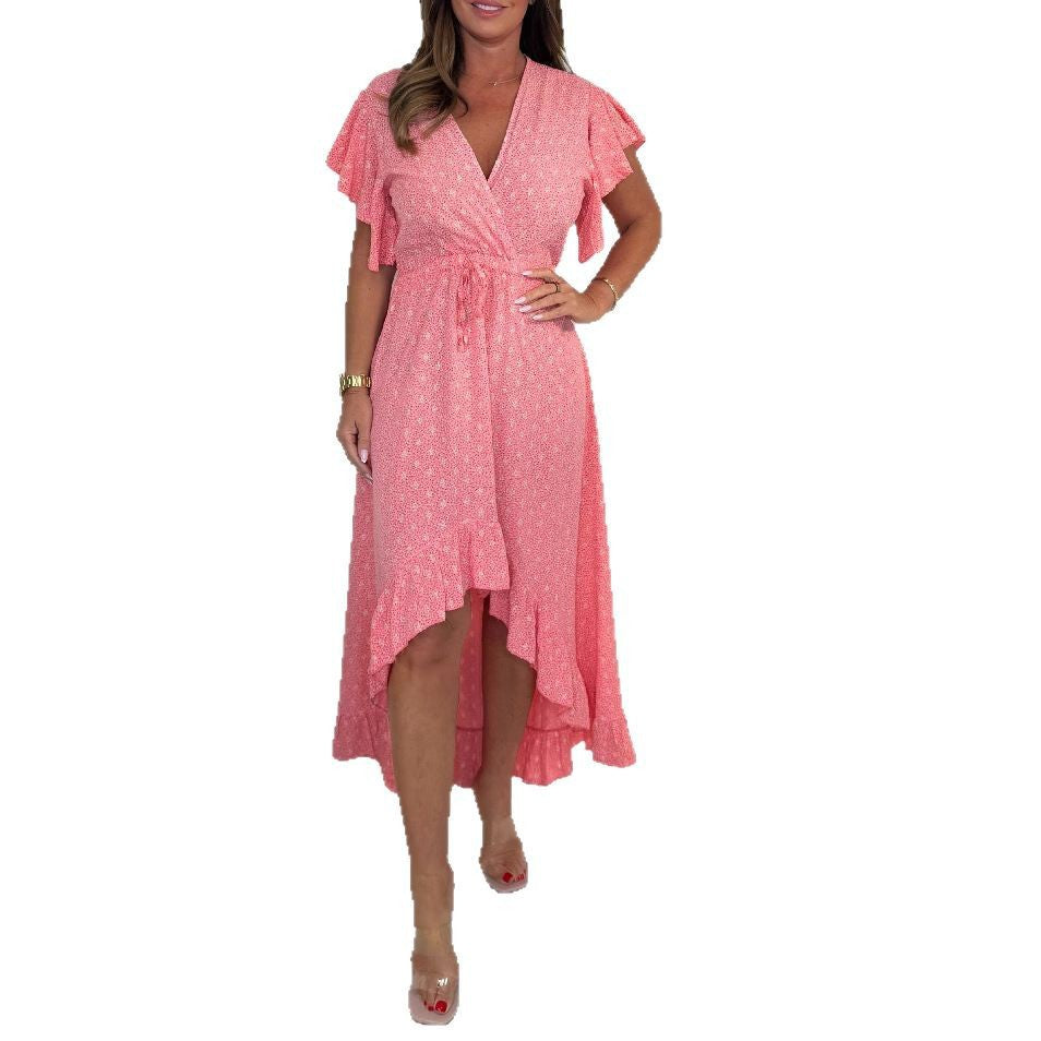 Damen Wickelkleid mit voluminösen Rüschensäumen und tailliertem Schnitt EB