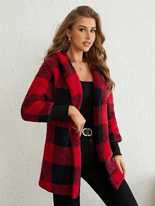 Damen Kuschelige Fleecejacke mit Karomuster und kapuziertem Design EB