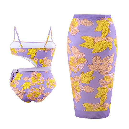 Damen Einteiler Badeanzug mit floralem Design und Wickelrock EB