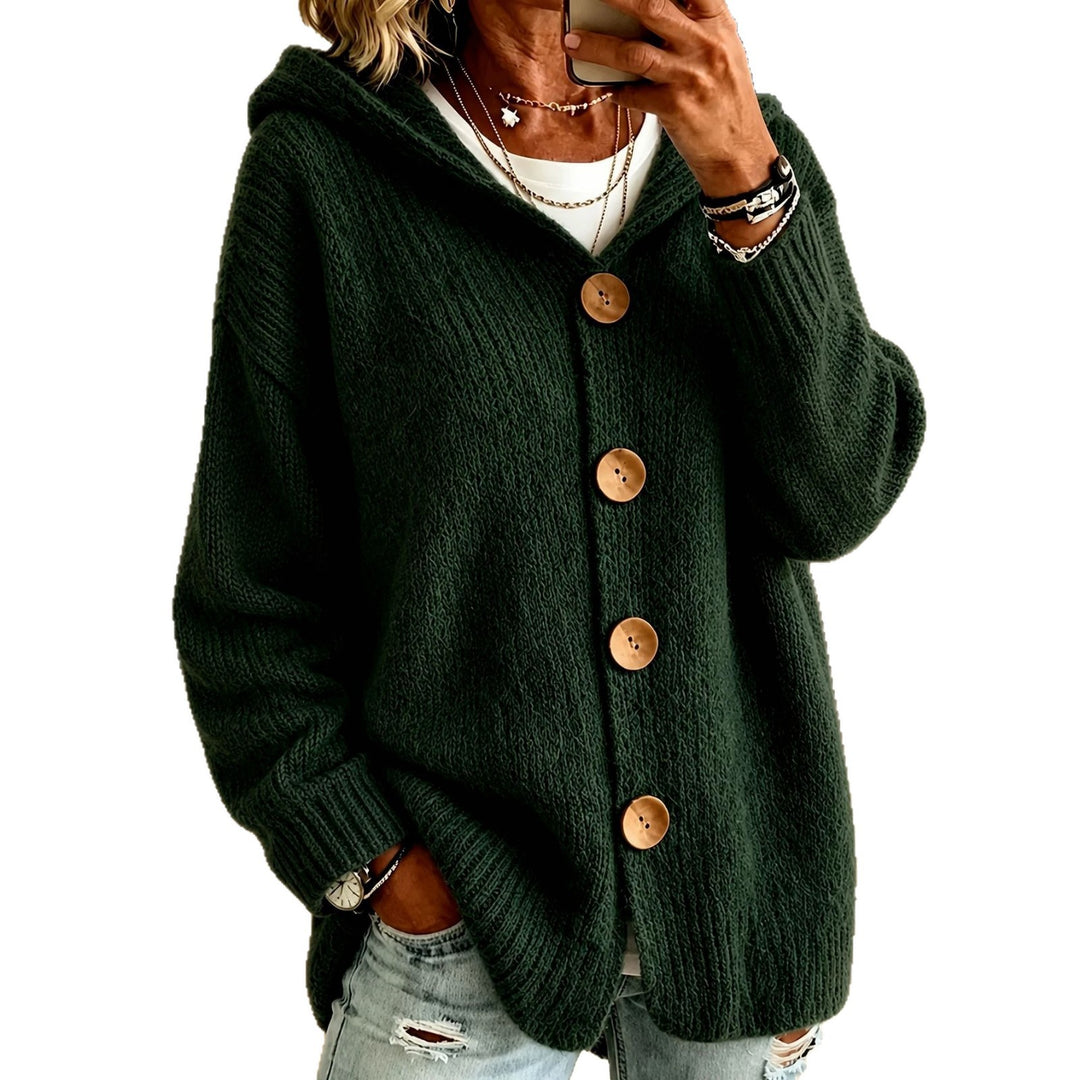 Damen Grobgestrickter Kapuzencardigan mit überlanger Silhouette, Holzknopfleiste und gerippten Bündchen EB