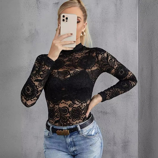 Damen Langarmspitzenbody mit hohem Kragen und floralem Design EB