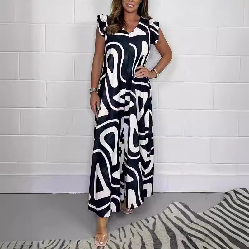 Damen Maxikleid mit kreativem grafischen Muster und Rüschen EB
