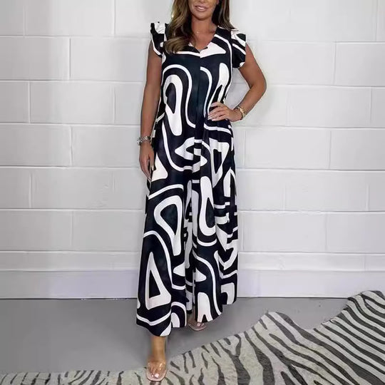 Damen Maxikleid mit kreativem grafischen Muster und Rüschen EB