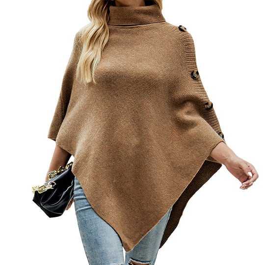 Damen Strickponcho mit hohem Kragen und dekorativen Knöpfen EB