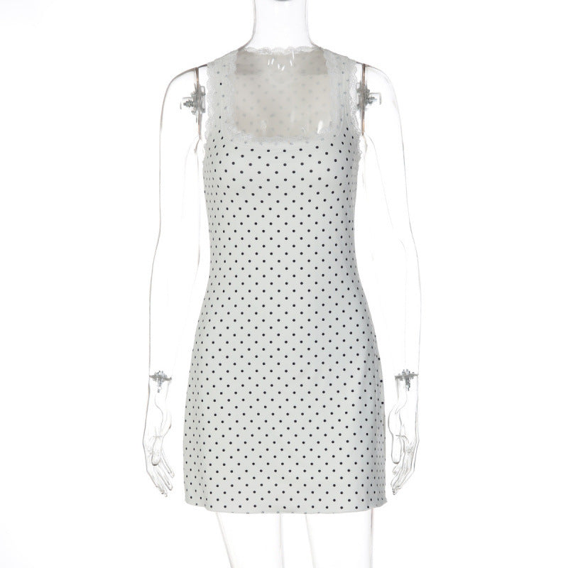Damen Gepunktetes Minikleid mit transparenten Spitzenakzenten EB