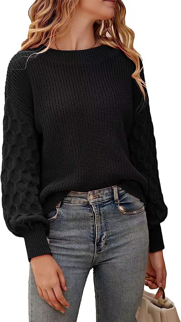 Damen modischer Strickpullover mit strukturierten Ärmeln und Rundhalsausschnitt EB