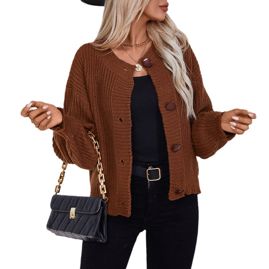 Damen gemütliche Strickjacke mit großen Knöpfen und lässigem Schnitt EB