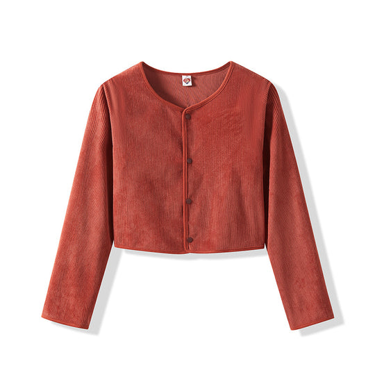 Damen Cropped Rundhals-Cardigan mit Druckknöpfen aus geripptem Strick EB