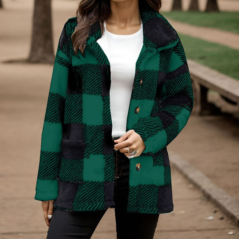 Damen Kuscheljacke mit Karomuster und Knopfverschluss EB
