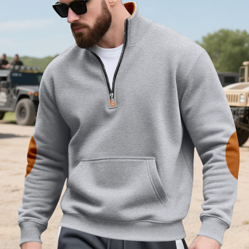 Herren nan Halbzip-Sweatshirt mit Stehkragen, Kängurutasche und kontrastierenden Ellbogenpatches EB