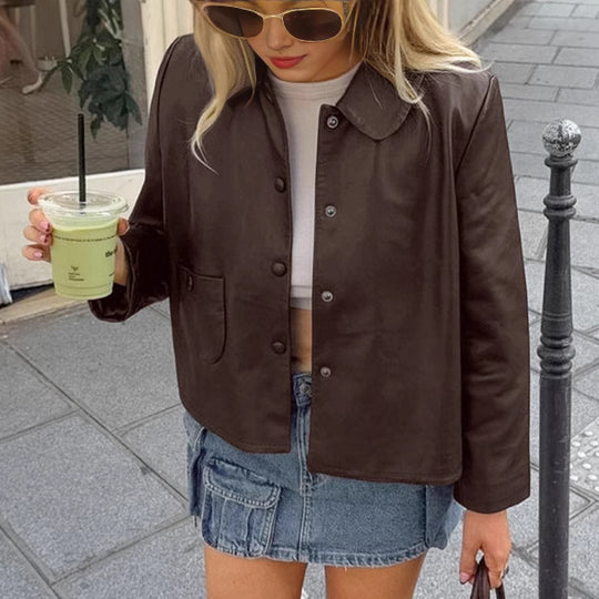 Damen Modische Kunstlederjacke mit praktischen Taschen und elegantem Kragen EB