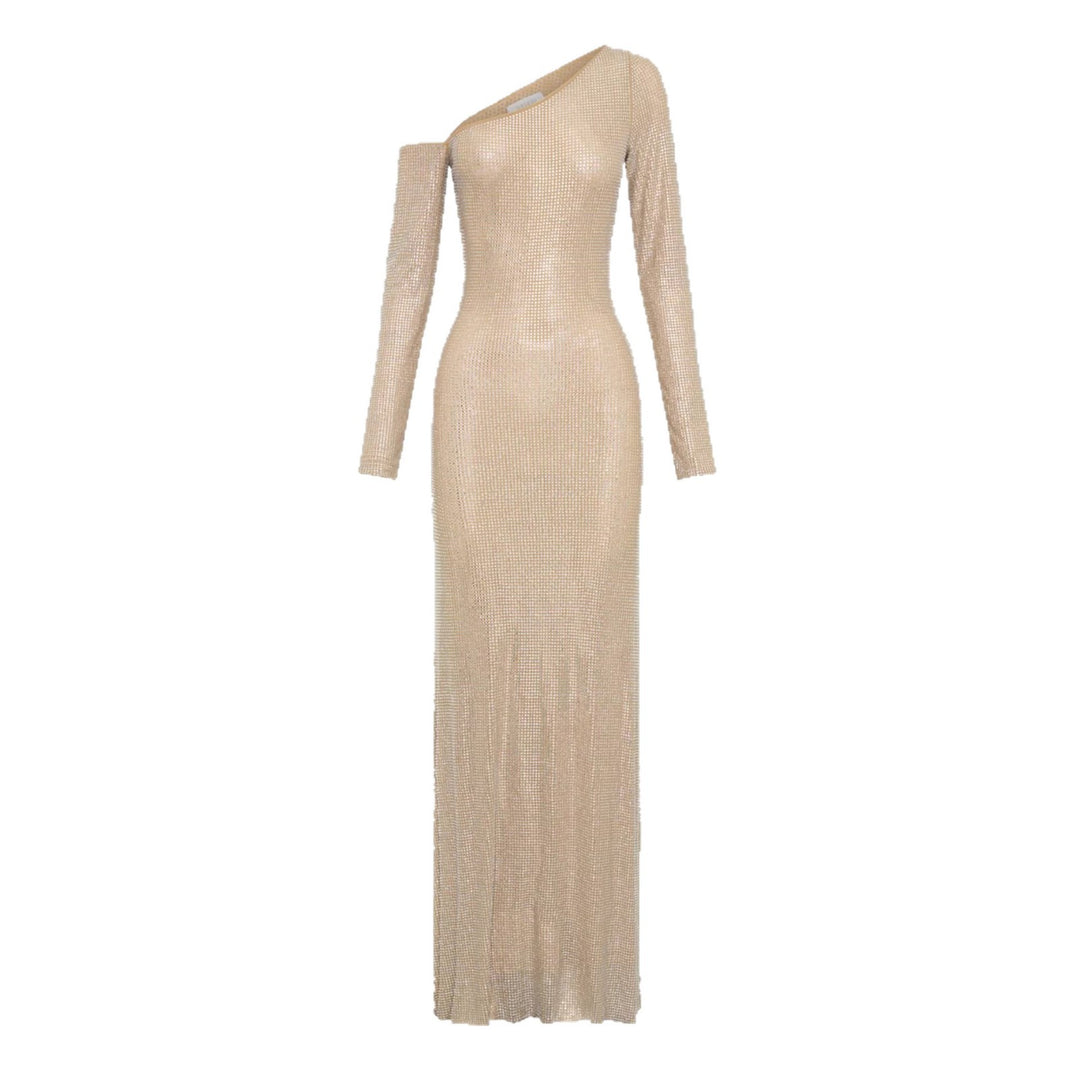 Damen Figurbetontes Abendkleid mit schimmerndem Paillettenbesatz und asymmetrischem Ausschnitt EB