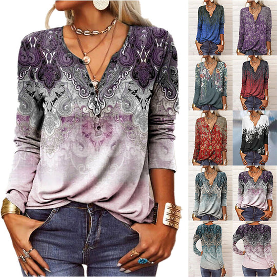 Damen langärmliges Casual-Shirt mit verspieltem Muster EB