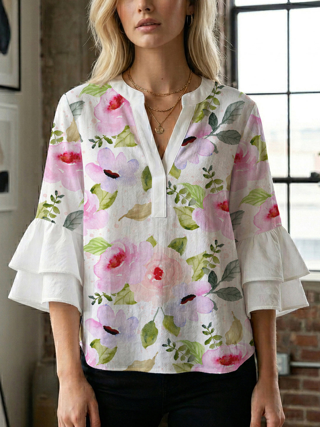 Damen elegantes Blusenshirt mit voluminösen Rüsenärmeln und grafischem Blumendesign EB