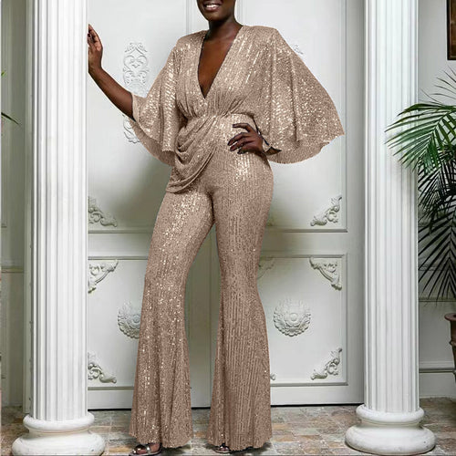 Damen Glamouröser Jumpsuit mit funkelnden Pailletten und weitem Bein EB