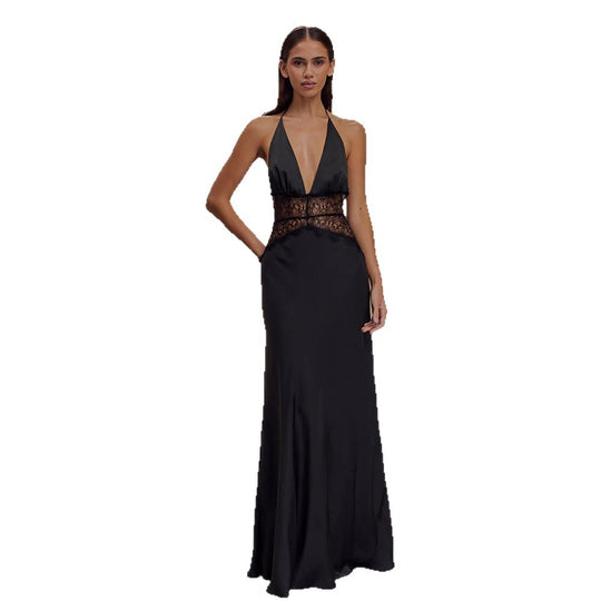 Damen Elegantes Maxikleid mit tiefem V-Ausschnitt und zarter Spitzenverzierung EB