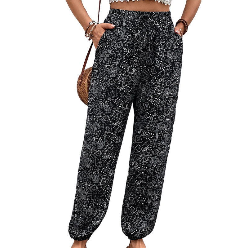 Damen Boho-Haremshose mit elastischem Taillenbund, Kordelzug und Seitentaschen EB