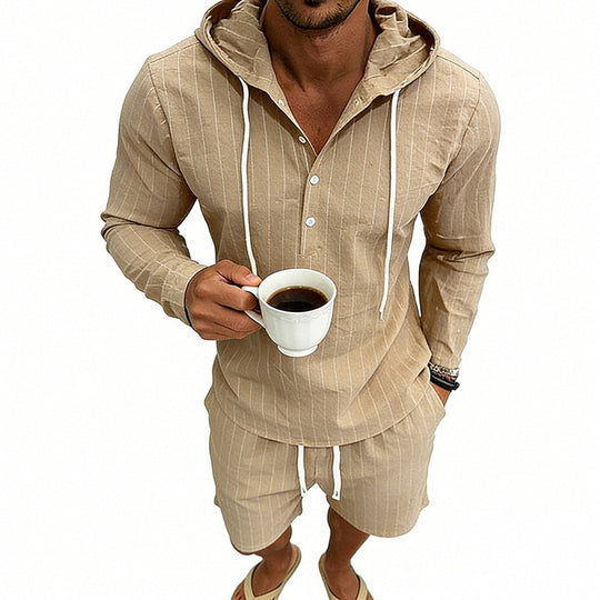 Herren nan gestreiftes Leinenoptik-Kapuzen-Henley-Set mit Tunnelzug-Shorts EB