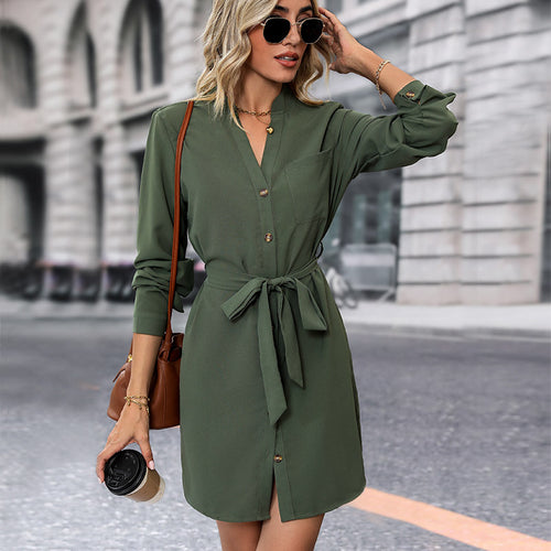 Damen Hemdblusenkleid mit taillierbarem Gürtel und Knopfverschluss EB