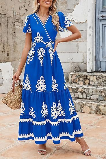 Damen Maxikleid mit V-Ausschnitt und kontrastierenden Stickdetails EB