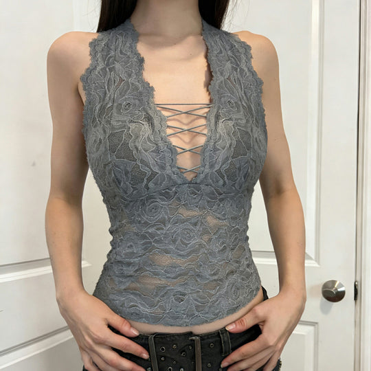 Damen Elegantes Spitzen-Haltertop mit tiefem V-Ausschnitt EB